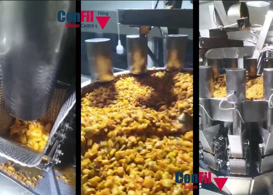 La cabeza 14 conserva en vinagre la balanza de Multihead con el alimentador vertical